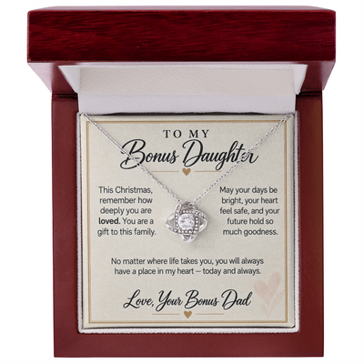 Load image into Gallery viewer, Bonus Daughter Christmas Love Knot Necklace from Bonus Dad - Deeply Loved
