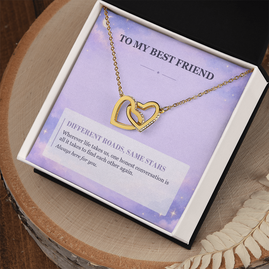 To My Best Friend Interlocking Hearts Necklace - Different Roads, Same Stars