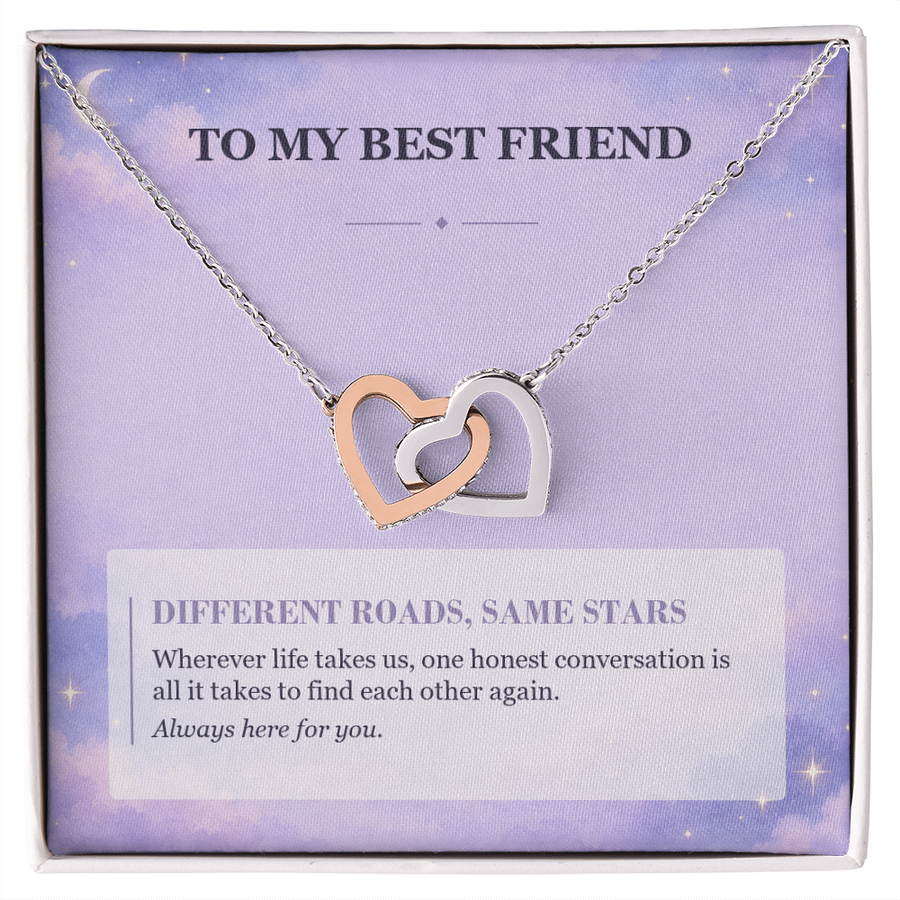 To My Best Friend Interlocking Hearts Necklace - Different Roads, Same Stars