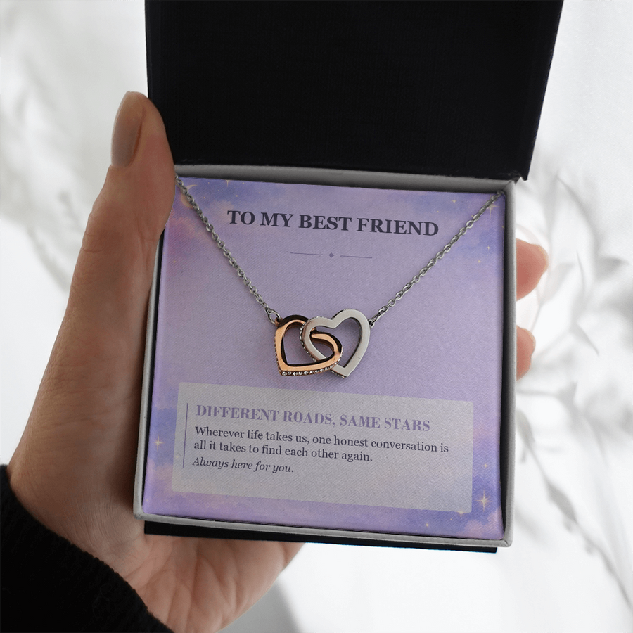 To My Best Friend Interlocking Hearts Necklace - Different Roads, Same Stars