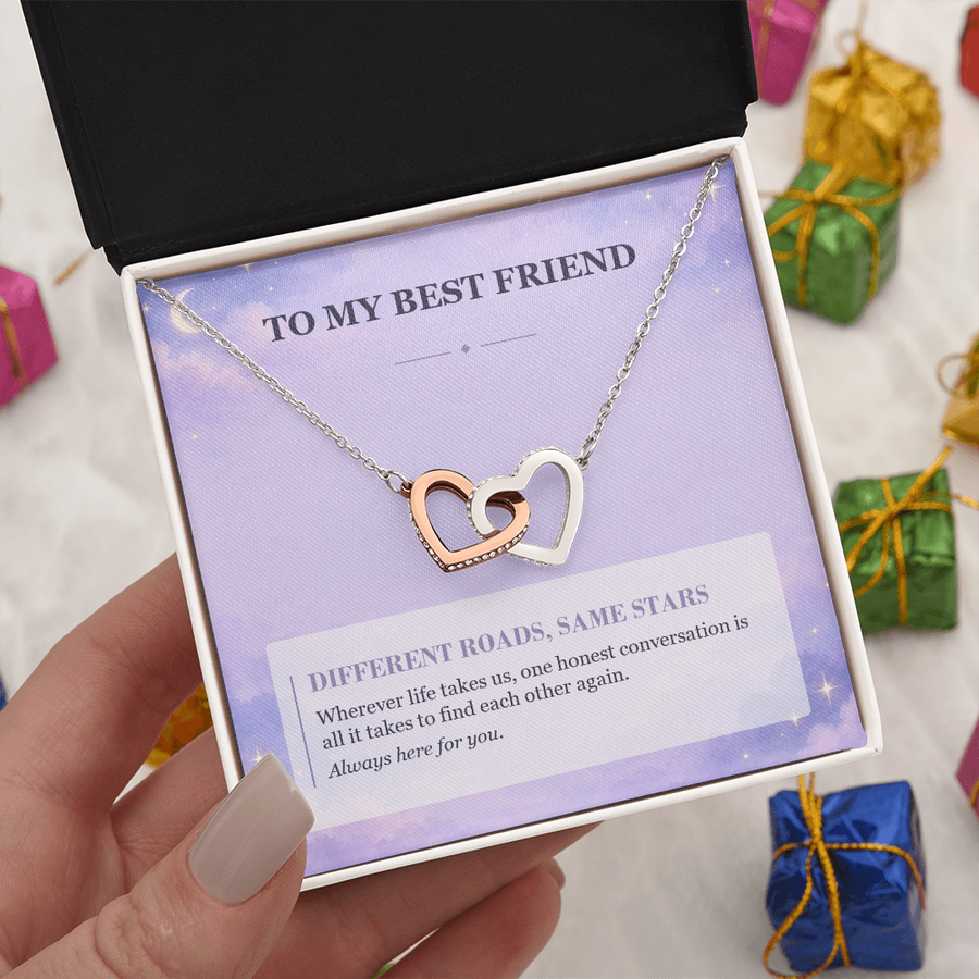 To My Best Friend Interlocking Hearts Necklace - Different Roads, Same Stars
