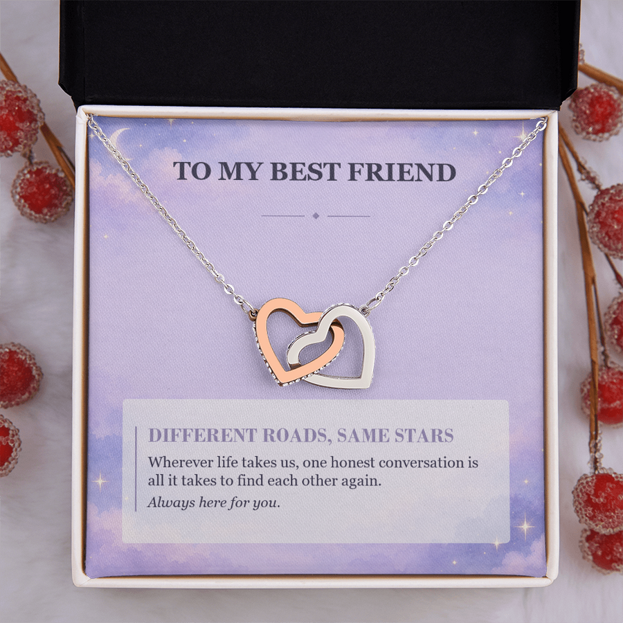 To My Best Friend Interlocking Hearts Necklace - Different Roads, Same Stars