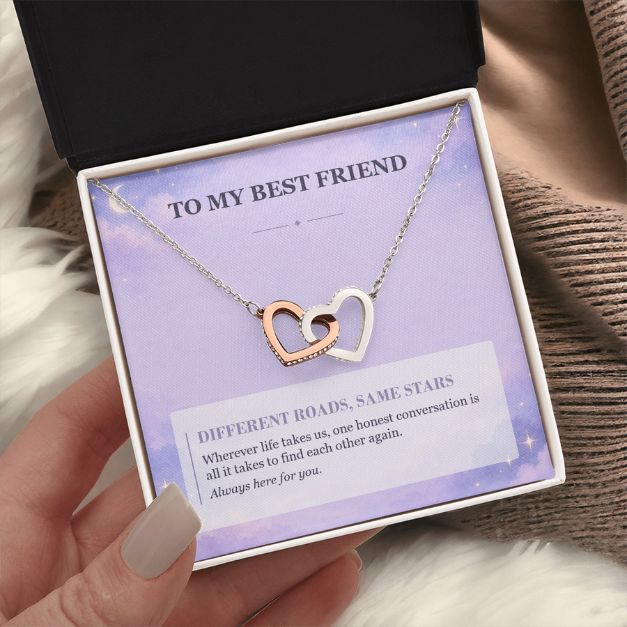 To My Best Friend Interlocking Hearts Necklace - Different Roads, Same Stars
