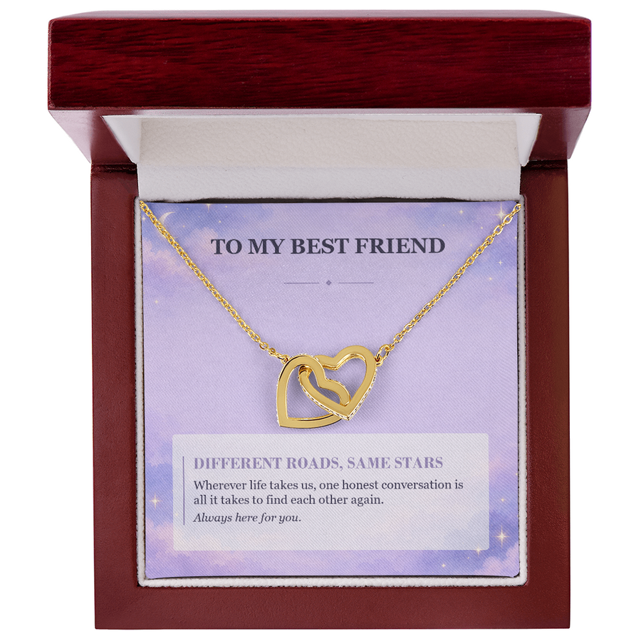To My Best Friend Interlocking Hearts Necklace - Different Roads, Same Stars
