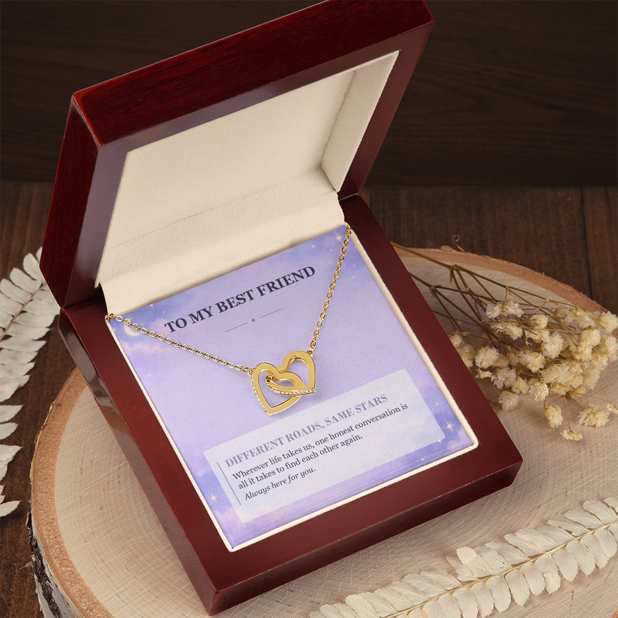 To My Best Friend Interlocking Hearts Necklace - Different Roads, Same Stars