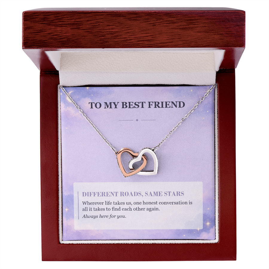 To My Best Friend Interlocking Hearts Necklace - Different Roads, Same Stars