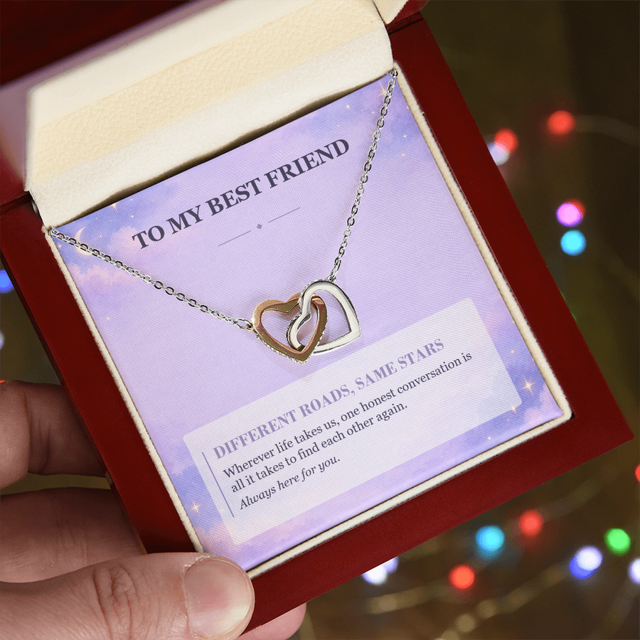 To My Best Friend Interlocking Hearts Necklace - Different Roads, Same Stars