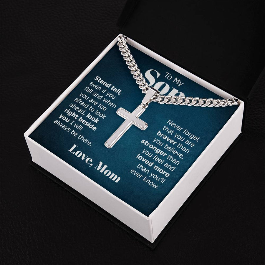 To My Son Artisan Cross Necklace from Mom, Stand Tall Even If You Fall