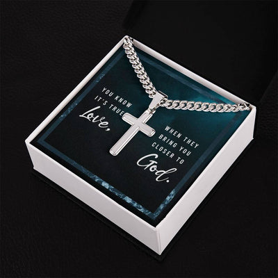Load image into Gallery viewer, You Know It&amp;#39;s True Love from God - Artisan Cross on Cuban Link Chain
