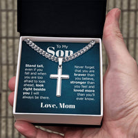 Load image into Gallery viewer, To My Son Artisan Cross Necklace from Mom, Stand Tall Even If You Fall
