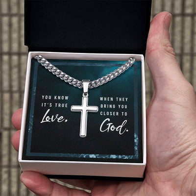 Load image into Gallery viewer, You Know It&amp;#39;s True Love from God - Artisan Cross on Cuban Link Chain
