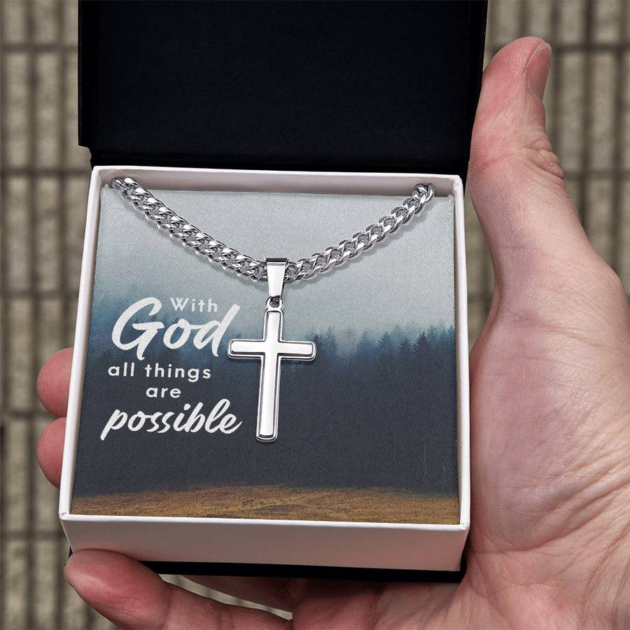 Personalized Religious Gifts for Him, With God All Things Are Possible, Cross on Cuban Link Chain