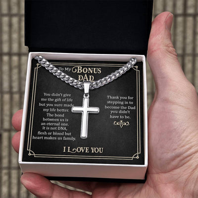 Load image into Gallery viewer, To My Bonus Dad Artisan Cross Necklace, Thank You for Stepping in to Become the Dad You Didn&amp;#39;t Have to Be
