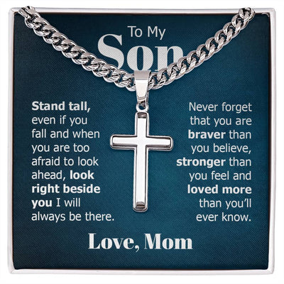 Load image into Gallery viewer, To My Son Artisan Cross Necklace from Mom, Stand Tall Even If You Fall
