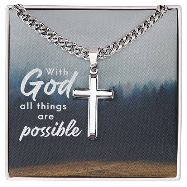 Personalized Religious Gifts for Him, With God All Things Are Possible, Cross on Cuban Link Chain