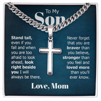 Load image into Gallery viewer, To My Son Artisan Cross Necklace from Mom, Stand Tall Even If You Fall
