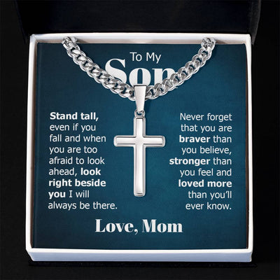 Load image into Gallery viewer, To My Son Artisan Cross Necklace from Mom, Stand Tall Even If You Fall
