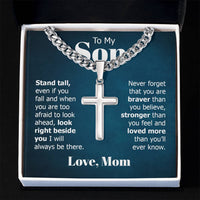 Load image into Gallery viewer, To My Son Artisan Cross Necklace from Mom, Stand Tall Even If You Fall
