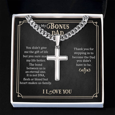 Load image into Gallery viewer, To My Bonus Dad Artisan Cross Necklace, Thank You for Stepping in to Become the Dad You Didn&amp;#39;t Have to Be
