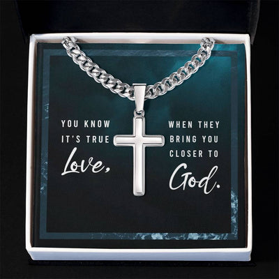 Load image into Gallery viewer, You Know It&amp;#39;s True Love from God - Artisan Cross on Cuban Link Chain
