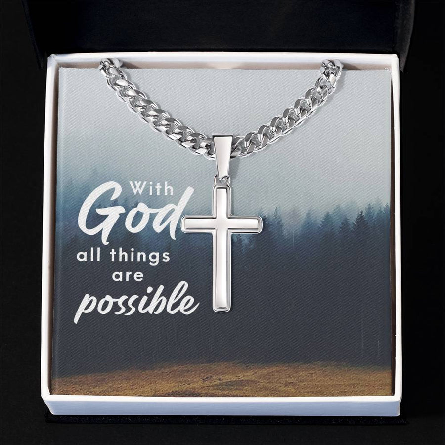 Personalized Religious Gifts for Him, With God All Things Are Possible, Cross on Cuban Link Chain