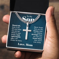Load image into Gallery viewer, To My Son Artisan Cross Necklace from Mom, Stand Tall Even If You Fall
