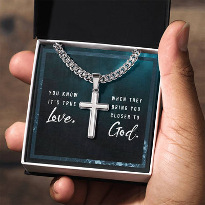 Load image into Gallery viewer, You Know It&amp;#39;s True Love from God - Artisan Cross on Cuban Link Chain
