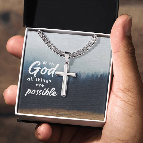 Personalized Religious Gifts for Him, With God All Things Are Possible, Cross on Cuban Link Chain