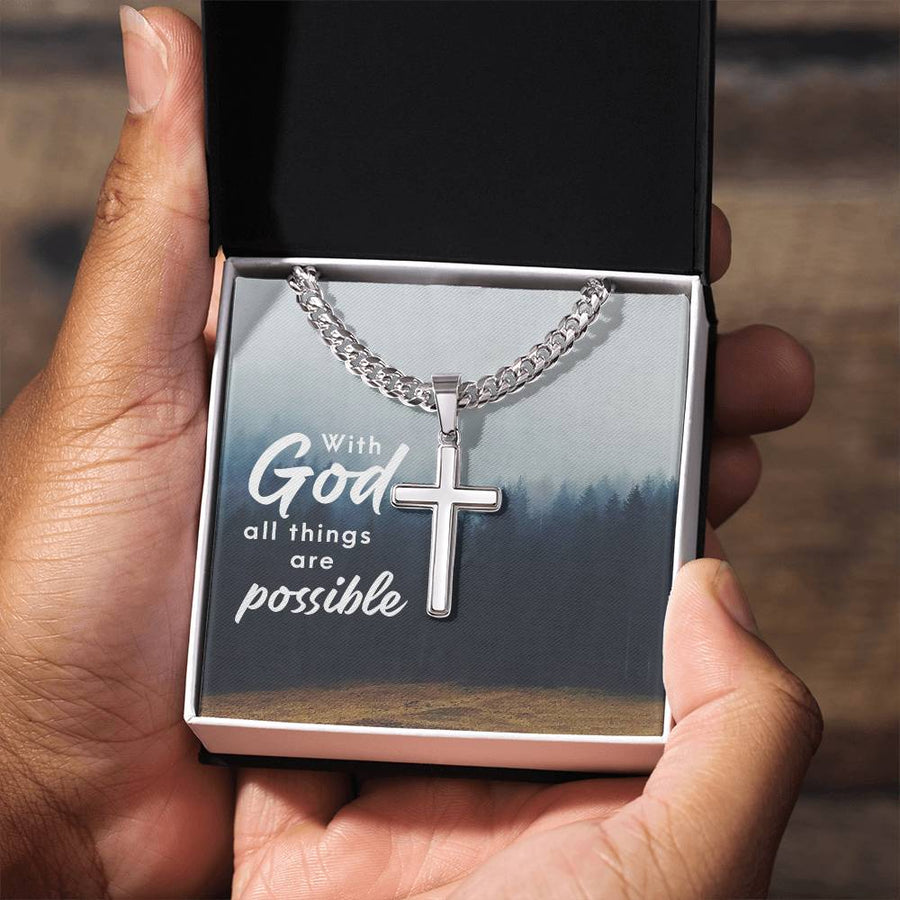 Personalized Religious Gifts for Him, With God All Things Are Possible, Cross on Cuban Link Chain
