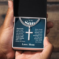 Load image into Gallery viewer, To My Son Artisan Cross Necklace from Mom, Stand Tall Even If You Fall
