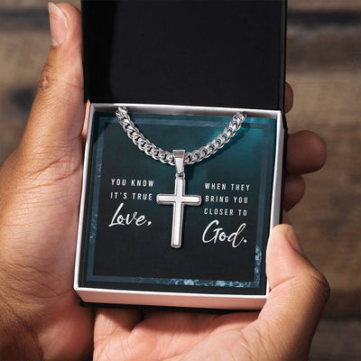 Load image into Gallery viewer, You Know It&amp;#39;s True Love from God - Artisan Cross on Cuban Link Chain

