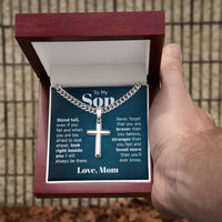 Load image into Gallery viewer, To My Son Artisan Cross Necklace from Mom, Stand Tall Even If You Fall
