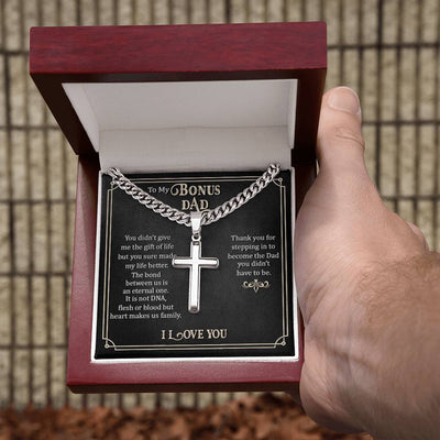 Load image into Gallery viewer, To My Bonus Dad Artisan Cross Necklace, Thank You for Stepping in to Become the Dad You Didn&amp;#39;t Have to Be
