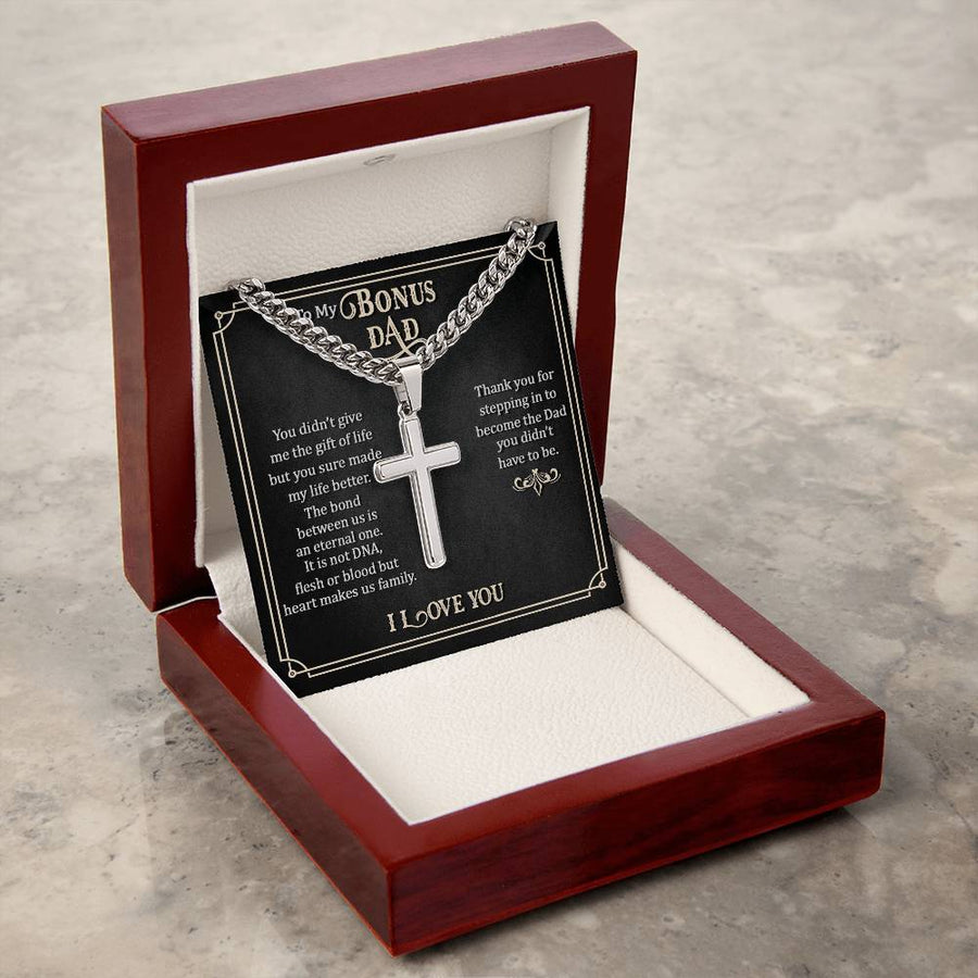 To My Bonus Dad Artisan Cross Necklace, Thank You for Stepping in to Become the Dad You Didn't Have to Be