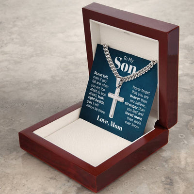 Load image into Gallery viewer, To My Son Artisan Cross Necklace from Mom, Stand Tall Even If You Fall

