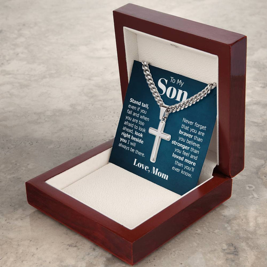 To My Son Artisan Cross Necklace from Mom, Stand Tall Even If You Fall