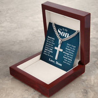Load image into Gallery viewer, To My Son Artisan Cross Necklace from Mom, Stand Tall Even If You Fall
