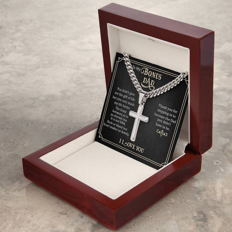 To My Bonus Dad Artisan Cross Necklace, Thank You for Stepping in to Become the Dad You Didn't Have to Be
