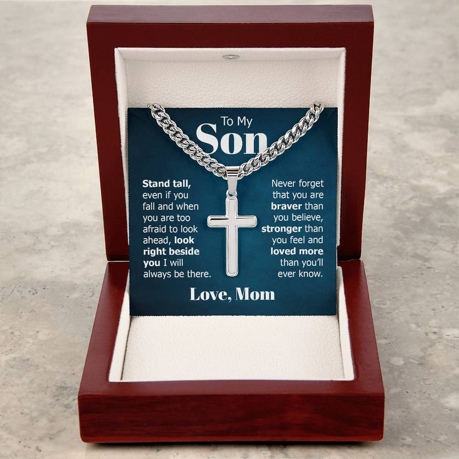 To My Son Artisan Cross Necklace from Mom, Stand Tall Even If You Fall