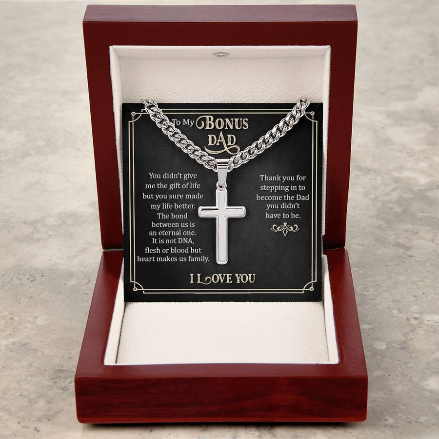 To My Bonus Dad Artisan Cross Necklace, Thank You for Stepping in to Become the Dad You Didn't Have to Be