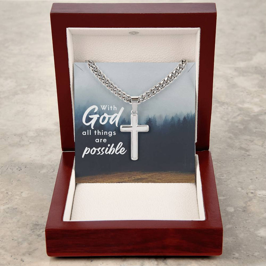 Personalized Religious Gifts for Him, With God All Things Are Possible, Cross on Cuban Link Chain