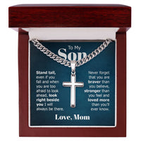 Load image into Gallery viewer, To My Son Artisan Cross Necklace from Mom, Stand Tall Even If You Fall
