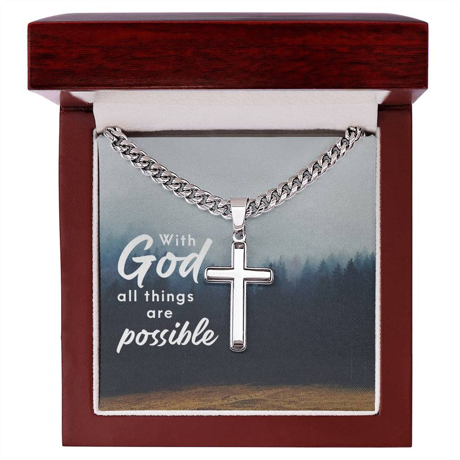 Personalized Religious Gifts for Him, With God All Things Are Possible, Cross on Cuban Link Chain