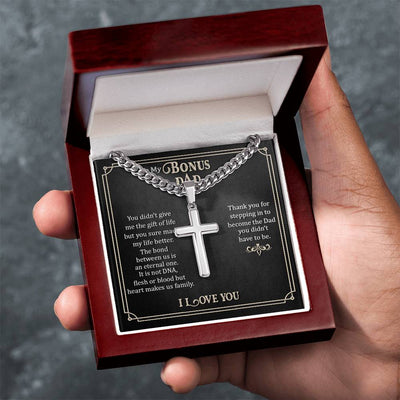 Load image into Gallery viewer, To My Bonus Dad Artisan Cross Necklace, Thank You for Stepping in to Become the Dad You Didn&amp;#39;t Have to Be
