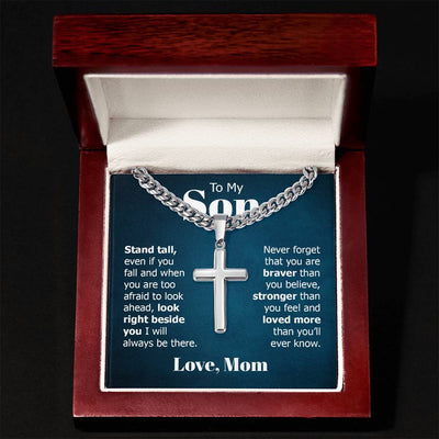 Load image into Gallery viewer, To My Son Artisan Cross Necklace from Mom, Stand Tall Even If You Fall
