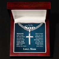 Load image into Gallery viewer, To My Son Artisan Cross Necklace from Mom, Stand Tall Even If You Fall
