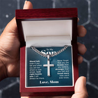 Load image into Gallery viewer, To My Son Artisan Cross Necklace from Mom, Stand Tall Even If You Fall
