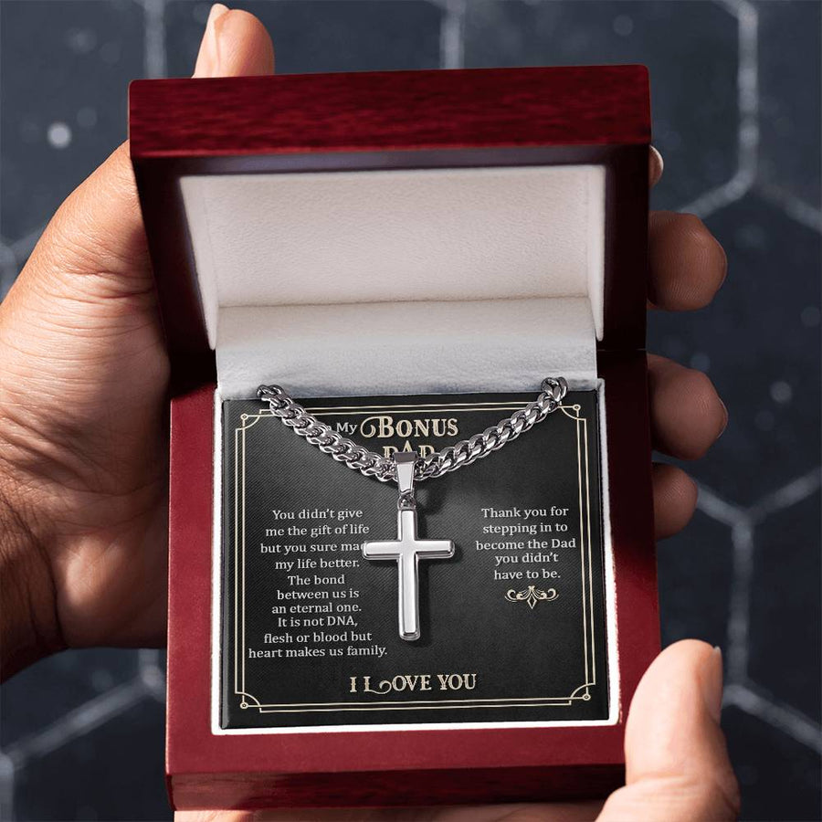 To My Bonus Dad Artisan Cross Necklace, Thank You for Stepping in to Become the Dad You Didn't Have to Be
