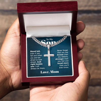 Load image into Gallery viewer, To My Son Artisan Cross Necklace from Mom, Stand Tall Even If You Fall

