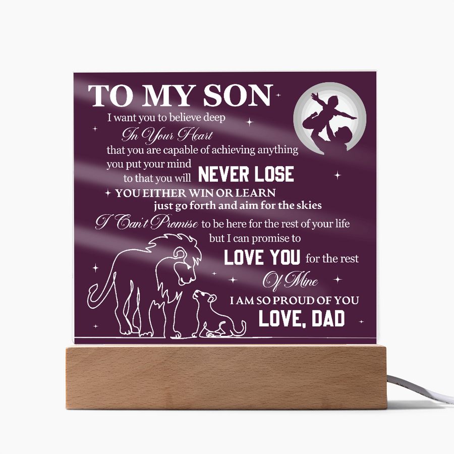 To My Son Printed Acrylic Plaque with LED Base – Birthday, Graduation, Holiday Gift